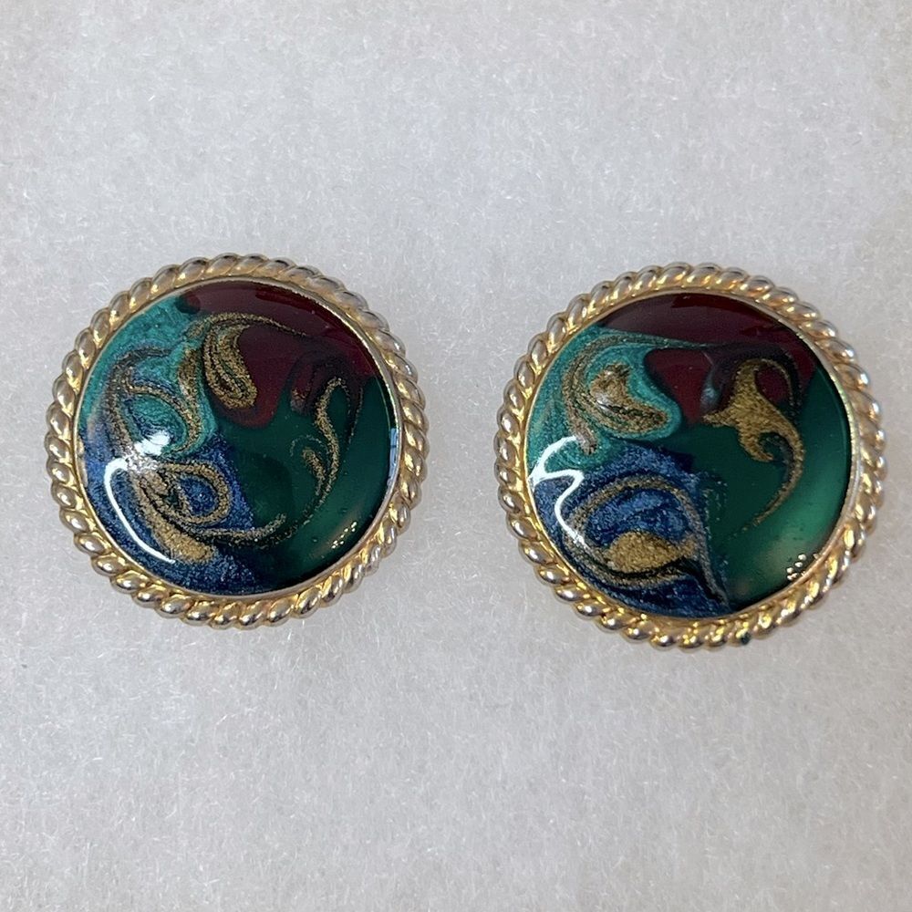 Vintage Style Hand Crafted Gold Tone & Epoxy Paint Swirl Design Pierced Earrings